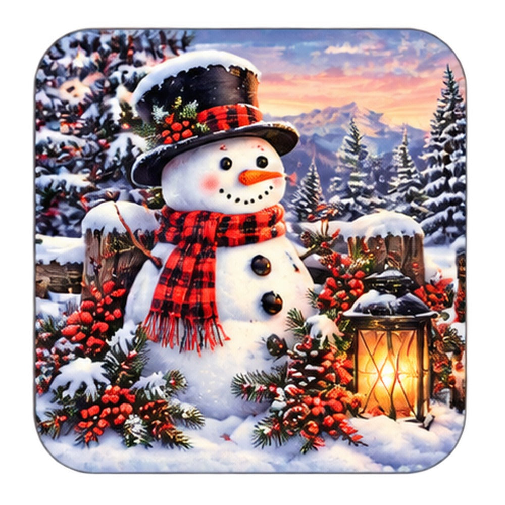 Winter coaster with a snowman in a top hat and red plaid scarf beside a lantern
