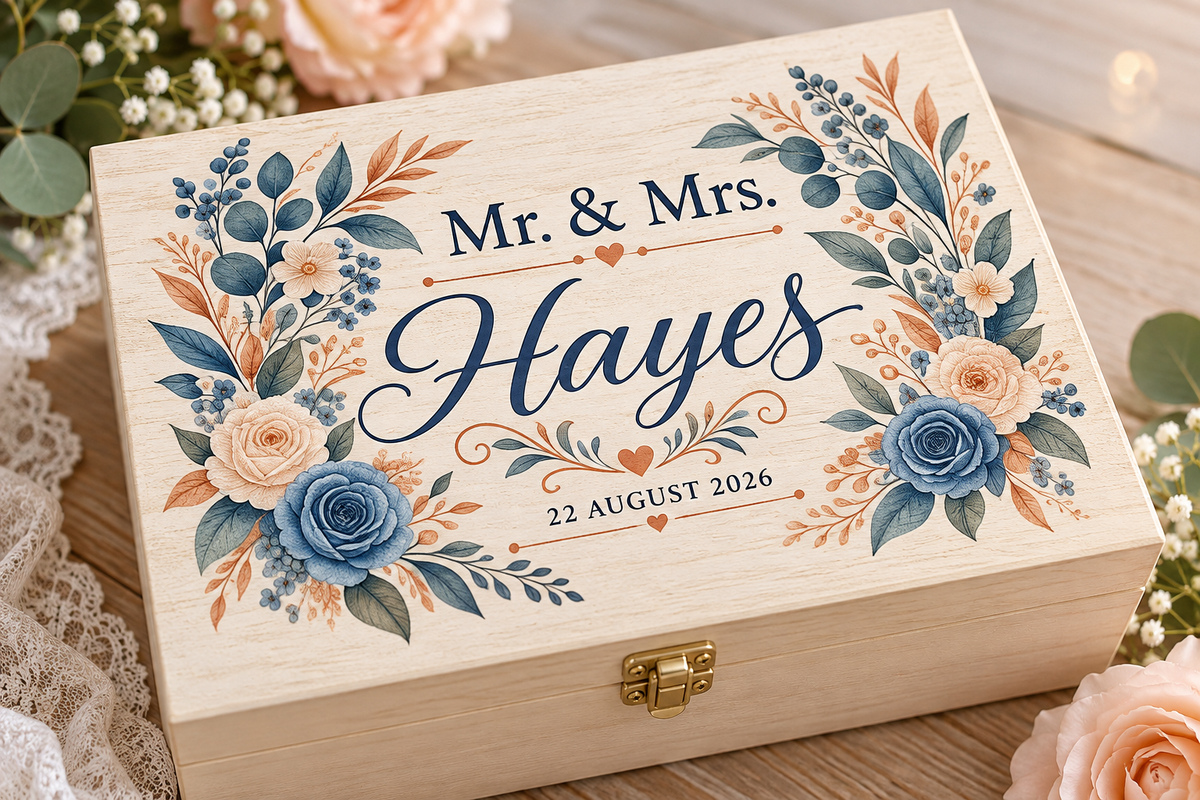 Personalized wooden wedding keepsake box printed with Mr. & Mrs. Hayes, wedding date and blue and peach floral corners
