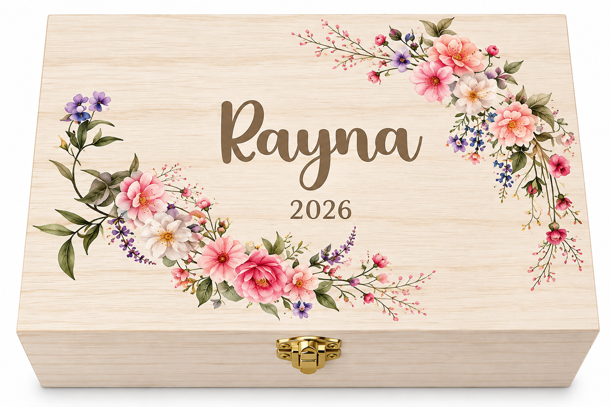 Personalized wooden keepsake box with the name Rayna and 2026 framed by pink and purple watercolour wildflowers
