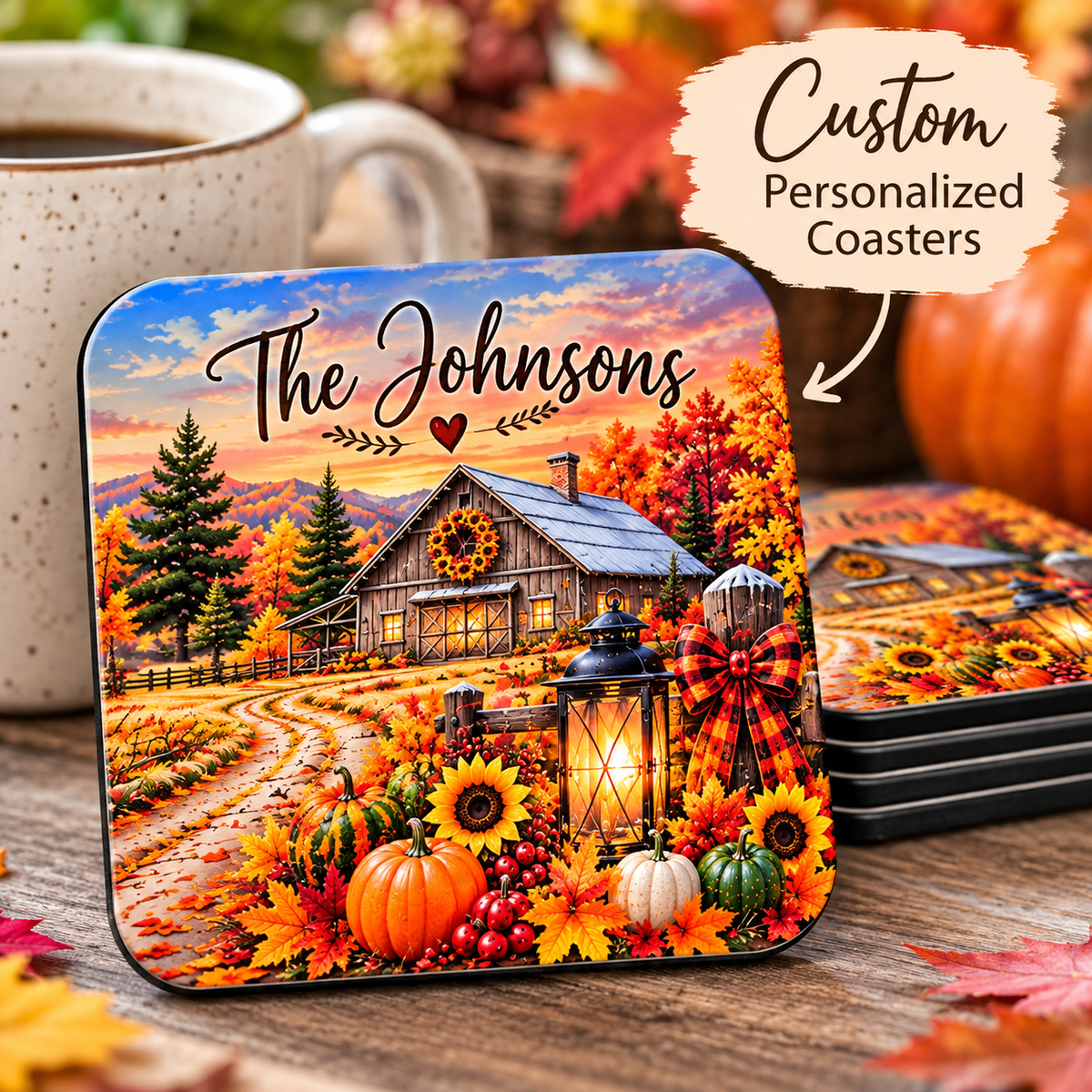 Custom personalized coaster with the family name The Johnsons on the autumn country barn design, beside a coffee mug and pumpkins