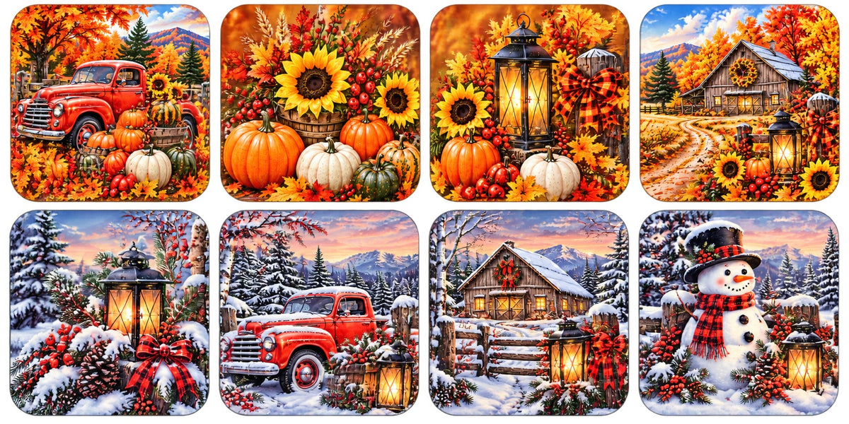 Eight seasonal 4x4 coasters: autumn red truck, sunflowers, lantern and barn, plus winter lantern, red truck, snowy barn and snowman