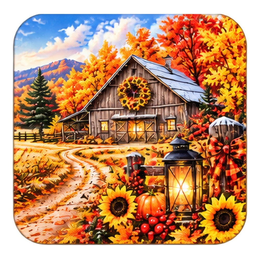 Fall coaster with a rustic country barn, sunflower wreath and lantern beside a dirt road
