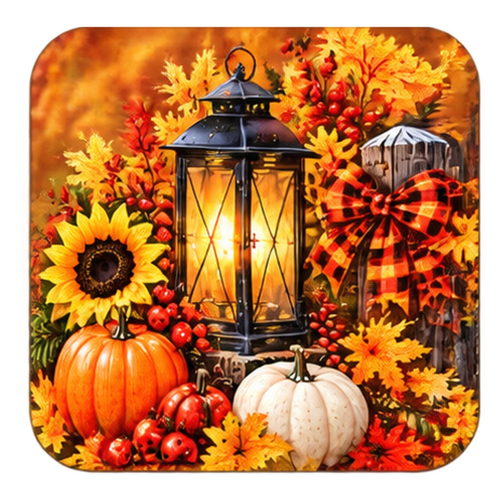 Fall coaster with a glowing black lantern, plaid bow, sunflowers and pumpkins