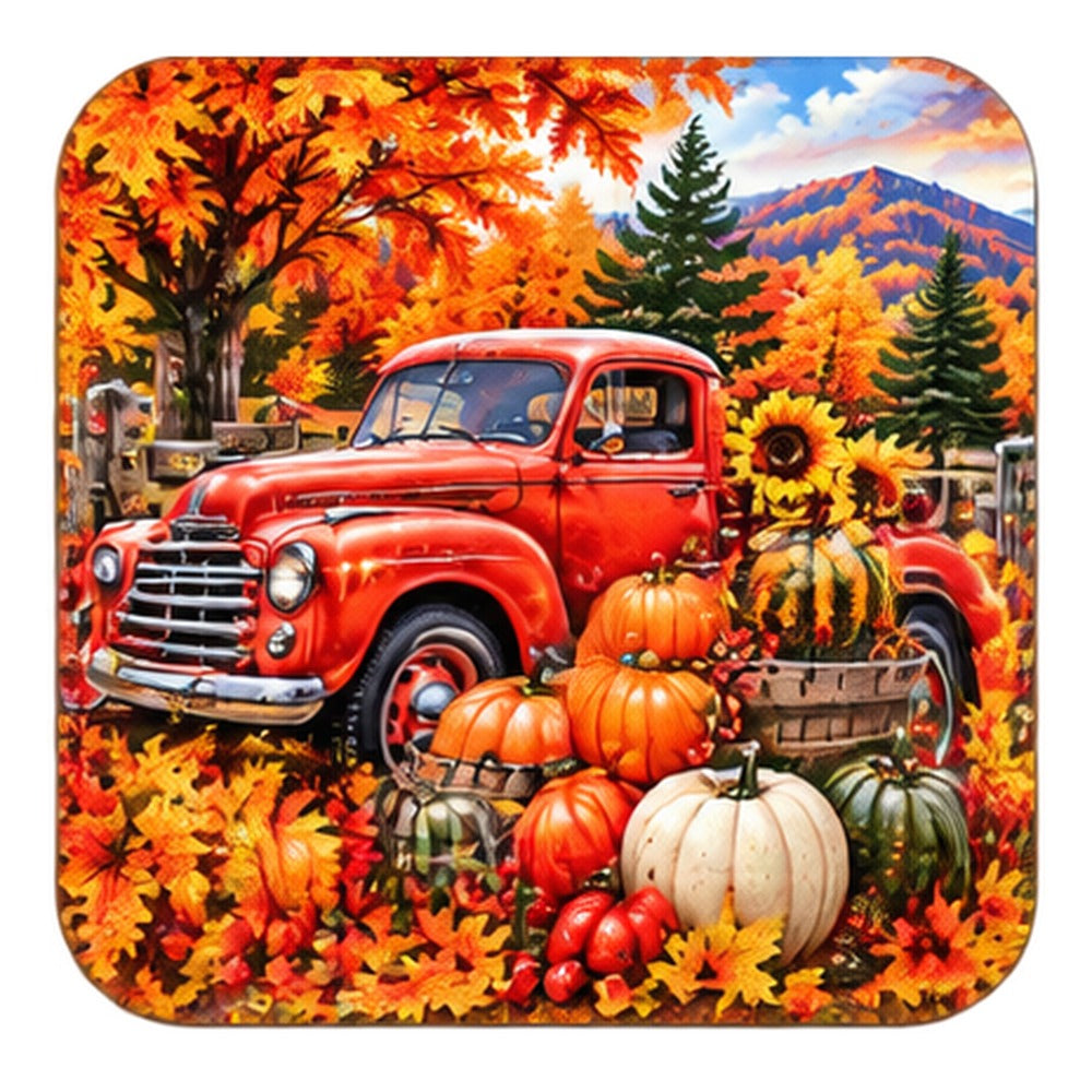 Fall coaster with a vintage red truck, pumpkins and sunflowers among autumn leaves