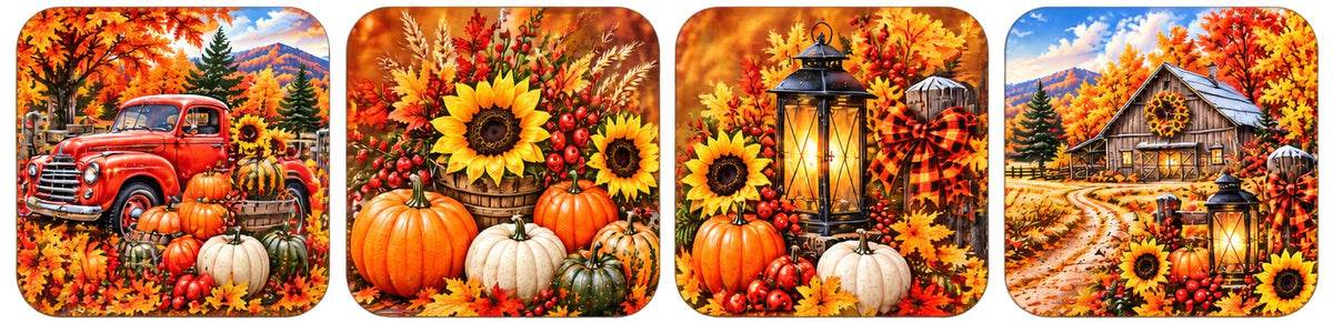 Autumn Harvest coaster set of 4 with vintage red truck, sunflowers and pumpkins, glowing lantern and country barn