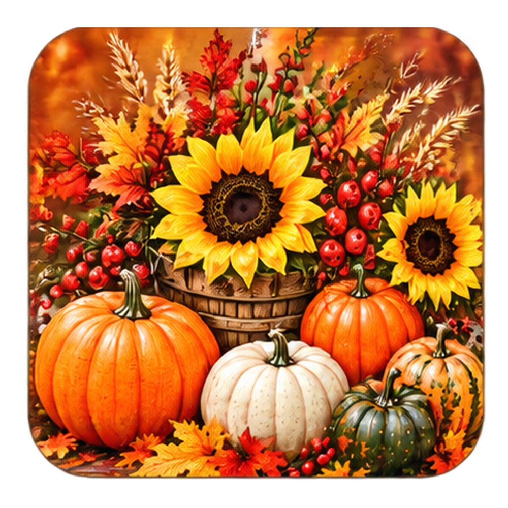 Fall coaster with sunflowers, orange and white pumpkins and red berries