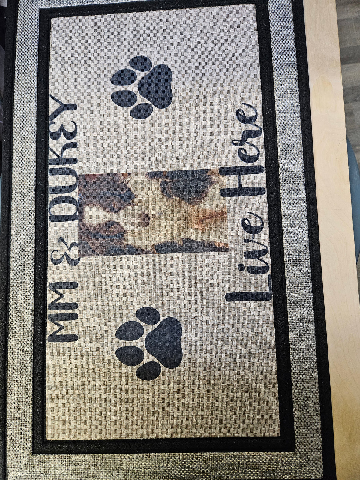 Custom printed personalized doormat with grey and black border, example design
