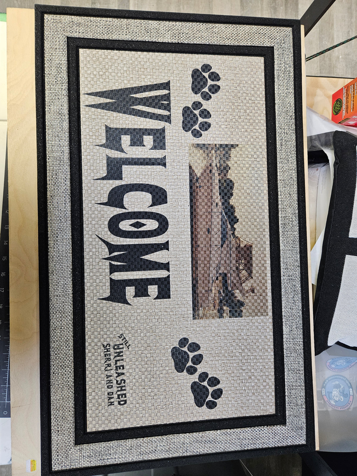 Custom photo doormat with rubber backing, example design by Uniquely Ys