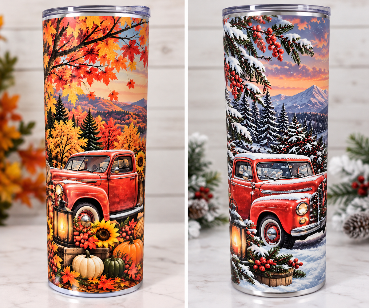 Seasonal vintage red truck 20 oz tumbler by Uniquely Ys