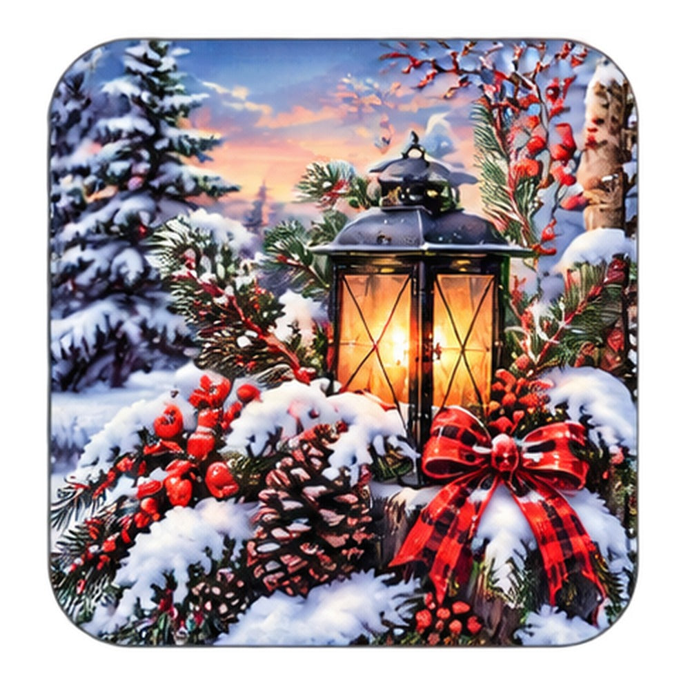 Winter coaster with a glowing lantern, red plaid bow, pinecones and snowy evergreens