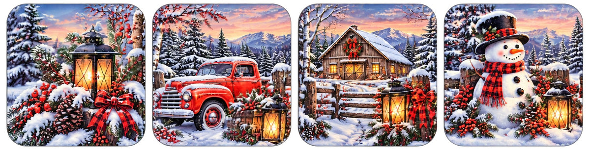 Winter Wonderland coaster set of 4 with snowy lantern, vintage red truck, snow-covered barn and plaid-scarfed snowman