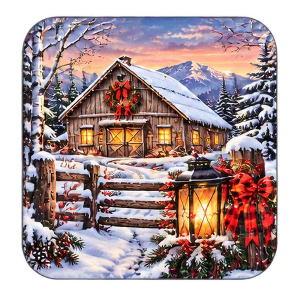 Winter coaster with a snow-covered barn, Christmas wreath, fence and lantern
